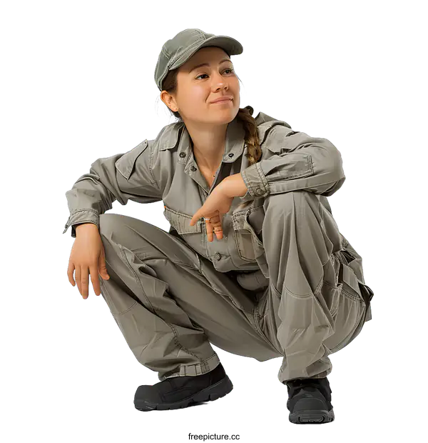 [Transparent Background PNG]Woman in Workwear Crouching