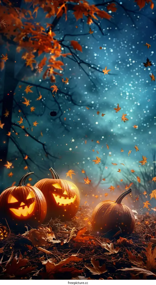 Spooky Halloween night with scary pumpkins in the woods