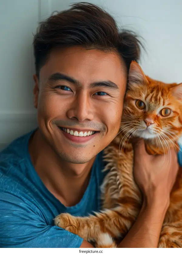 A smiling man with his cat