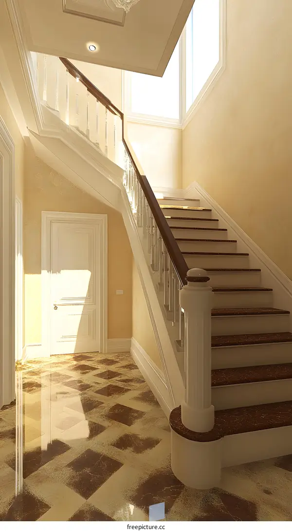 Interior Design of a Modern Staircase with Wooden Railing and Tile Floor