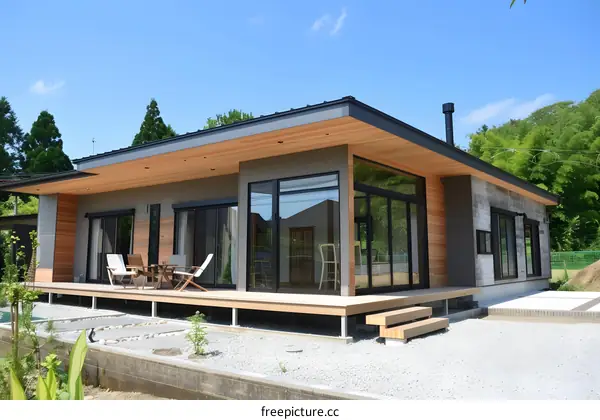 Modern House with Wooden Deck and Large Windows