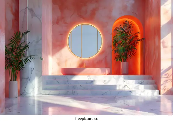 Pink Marble Bathroom with Arch and Plants