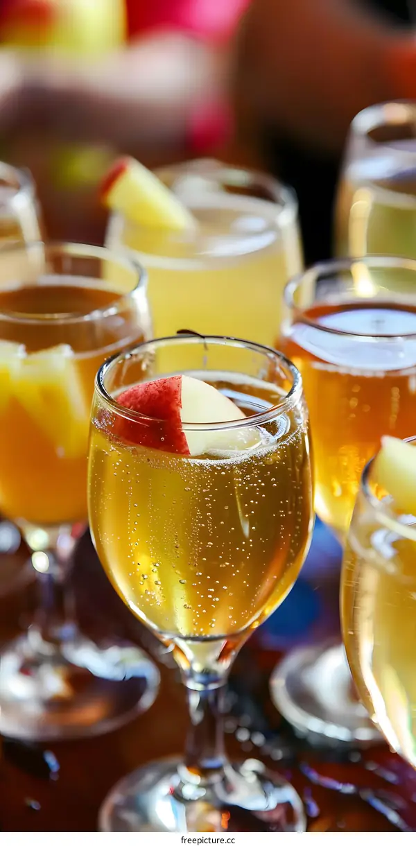 Closeup of a Glass of Sparkling Apple Cider with an Apple Slice