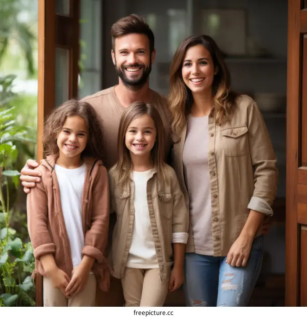 Happy family of four standing in front of their house