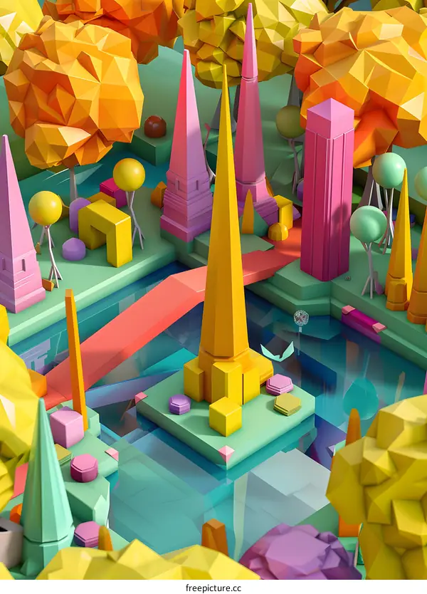 Low Poly Cityscape with Towers and Trees