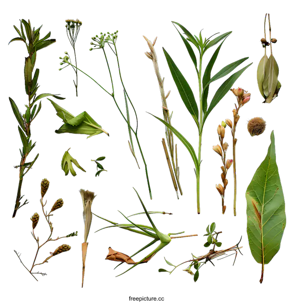 [Transparent Background PNG]Collection of Green and Brown Plant Parts on White Background