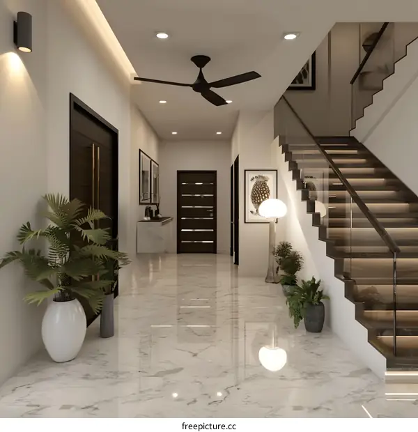 Modern Interior Design with Marble Floor and Glass Railing Staircase