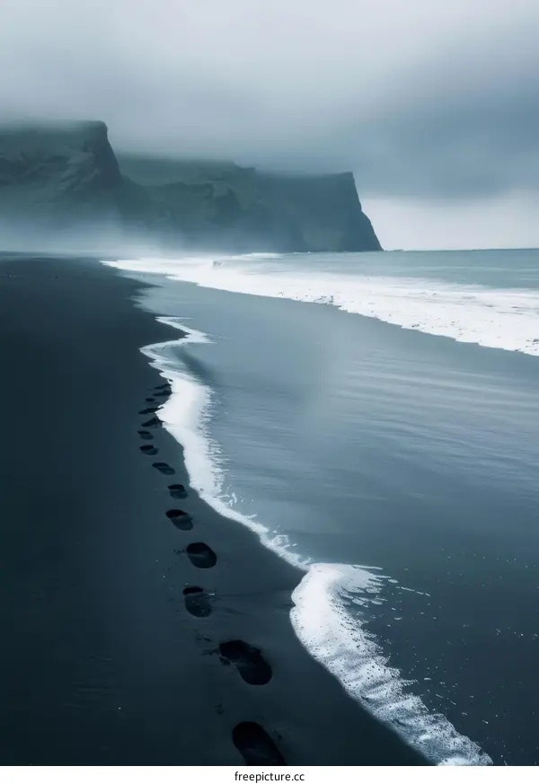 Footprints on the Black Sand Beach of Iceland