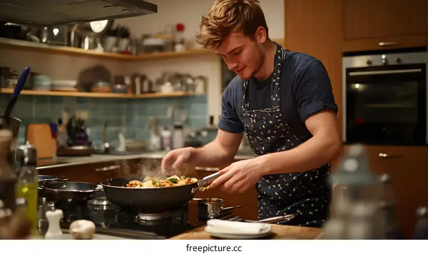Young Man Cooking in Kitchen with Steam Rising