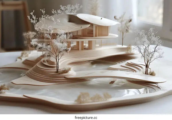 a wooden model of a modern house with a curved roof and a bridge over a body of water
