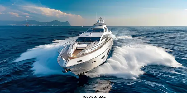 An elegant white motor yacht is cruising in the vast expanse of azure sea while navigating choppy water.