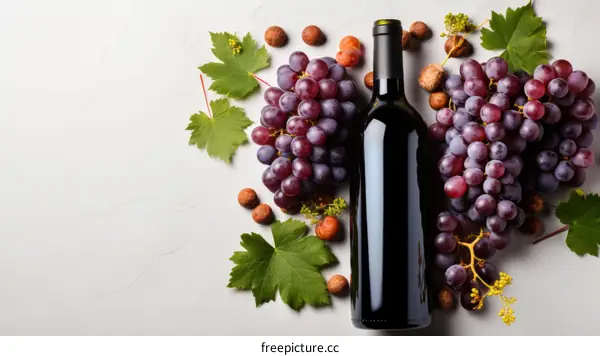 Still life of red wine, grapes, and nuts