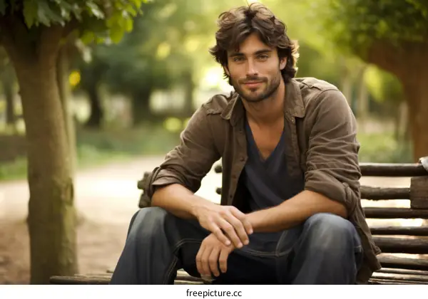 Handsome young man with long brown hair and blue eyes sitting on a park bench