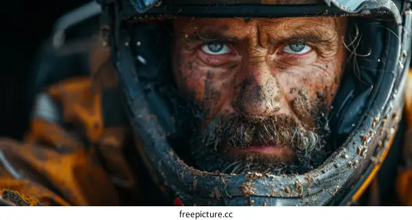 Portrait of a determined man covered in mud and wearing a helmet