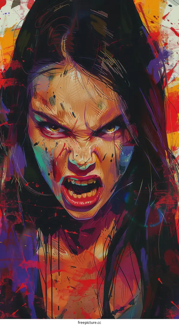 A woman with red eyes and sharp teeth growls angrily with blood dripping from her mouth