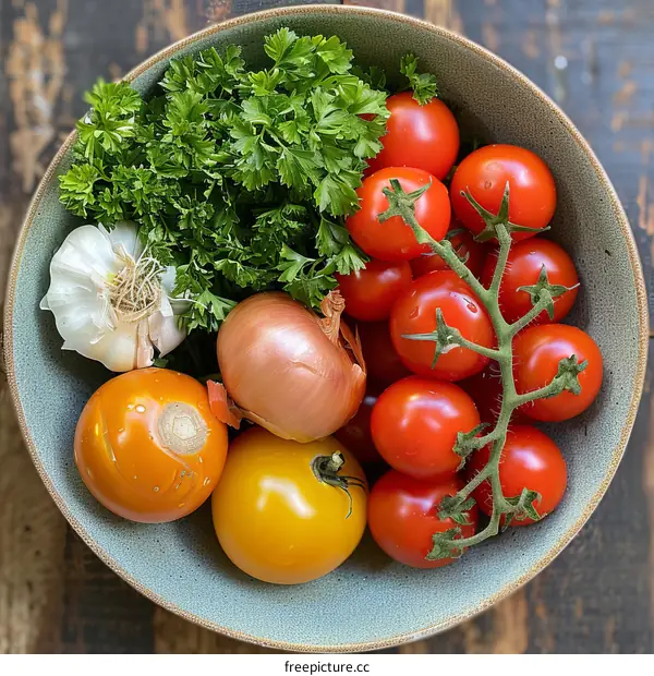 A bowl of tomatoes, garlic, onion, and parsley