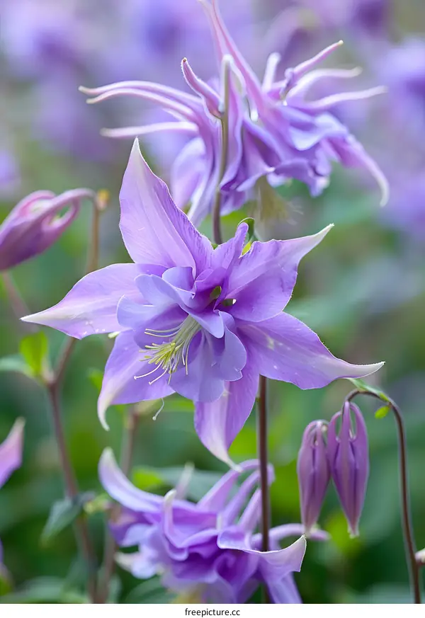 Close Up of Purple Columbine Flowers in Bloom