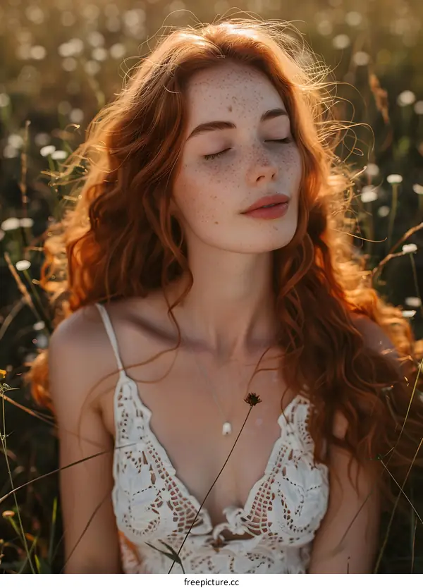 Redhead Woman with Freckles in a White Dress Posing in a Field of Flowers
