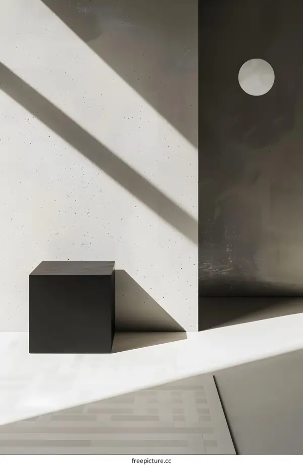 Minimalist Concrete Room with Black Cube and Sunlight