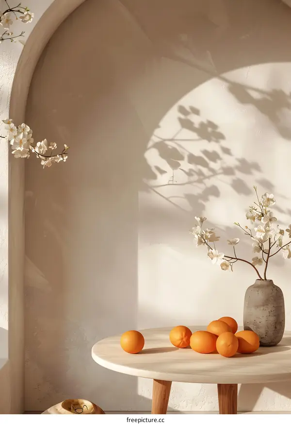 Minimalist Home Decor with Orange Fruit and White Flowers