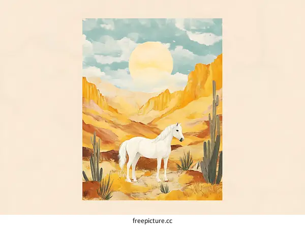 White Horse Standing in Desert Landscape with Cactus