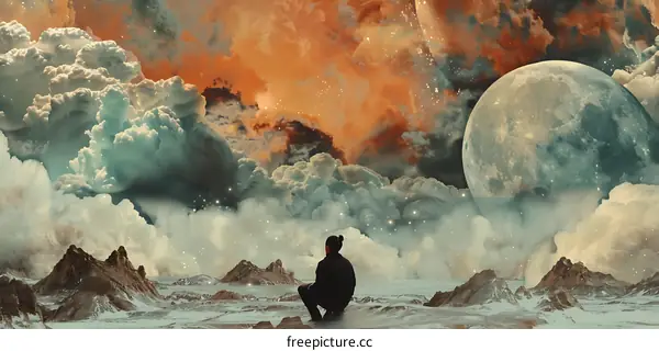 Surreal Landscape with a Person Sitting in Front of a Large Moon