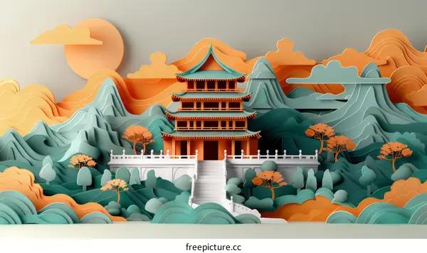 Paper Art Landscape with Chinese Pagoda