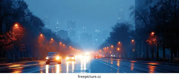 Rainy Night Cityscape Urban Road Scene