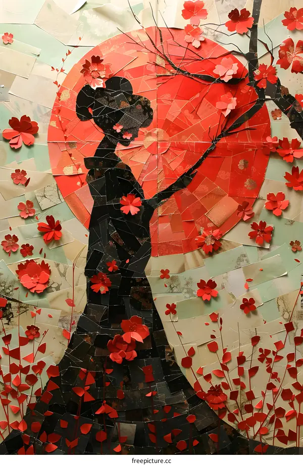 Woman in Black Silhouette with Cherry Blossoms and Red Circle Background