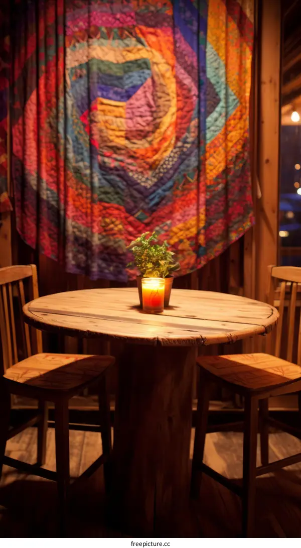 Cozy Round Table with Candle and Plant in Front of Patchwork Quilt