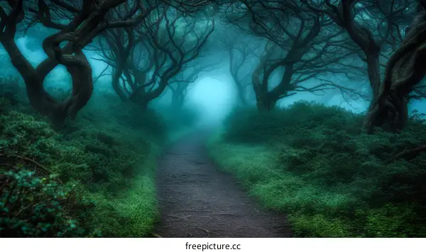 Gloomy forest path with bright light at the end
