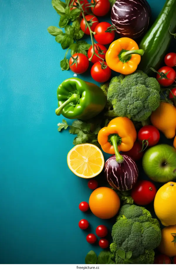 Colorful variety of fresh organic vegetables and fruits