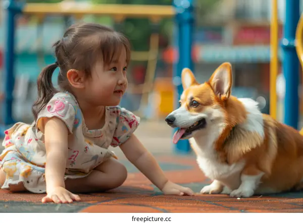 Asian toddler girl playing with a corgi dog on the playground