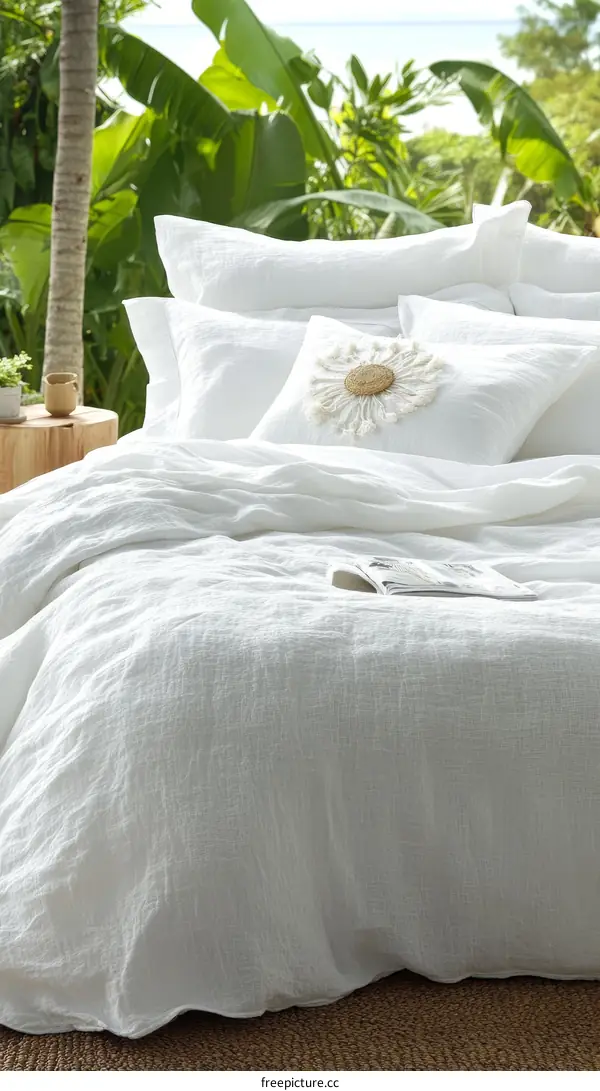 White Linen Bedding Set in Tropical Garden