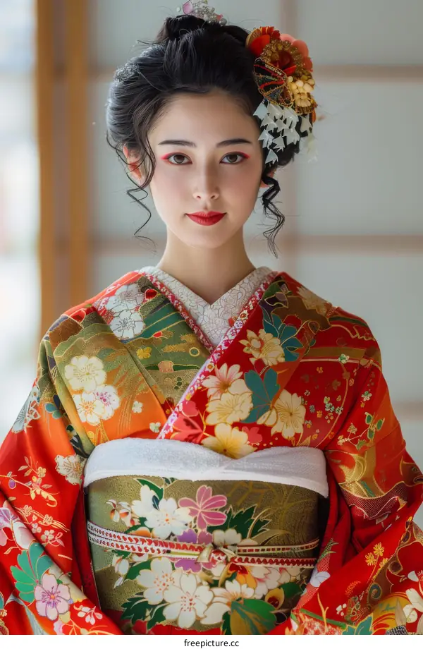 Portrait of a beautiful Japanese woman in traditional kimono