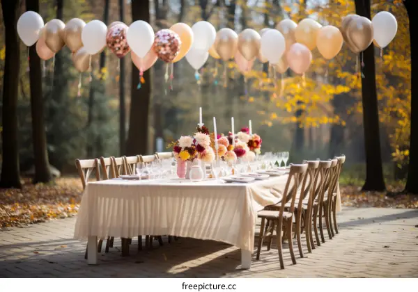 Beautiful outdoor autumn wedding table decor with flowers and balloons