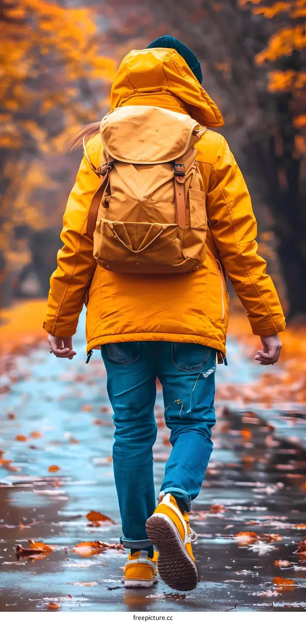 Person Walking on a Wet Path with Fallen Leaves in Autumn