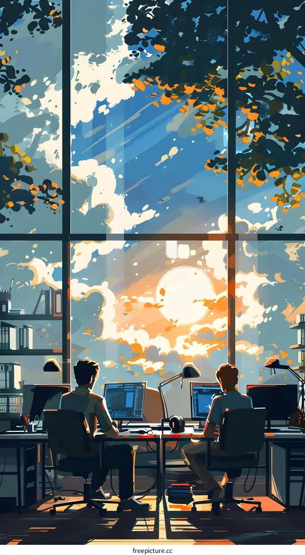 Two men working in a high-rise office overlooking the city