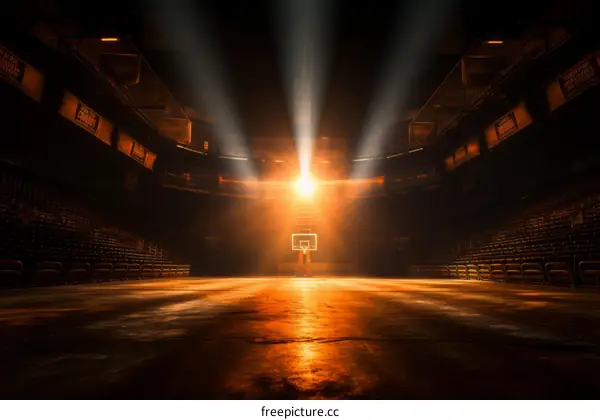Basketball court with a single spotlight shining down on the court