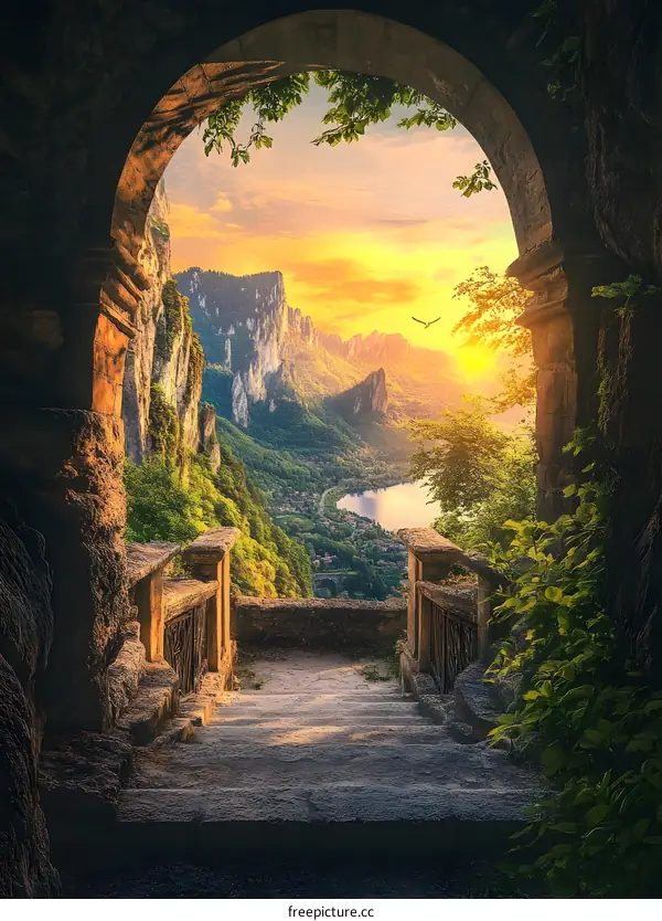 Stone Archway Leading to Scenic Mountain View
