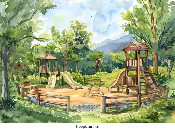 Watercolor Illustration of a Playground in a Forest