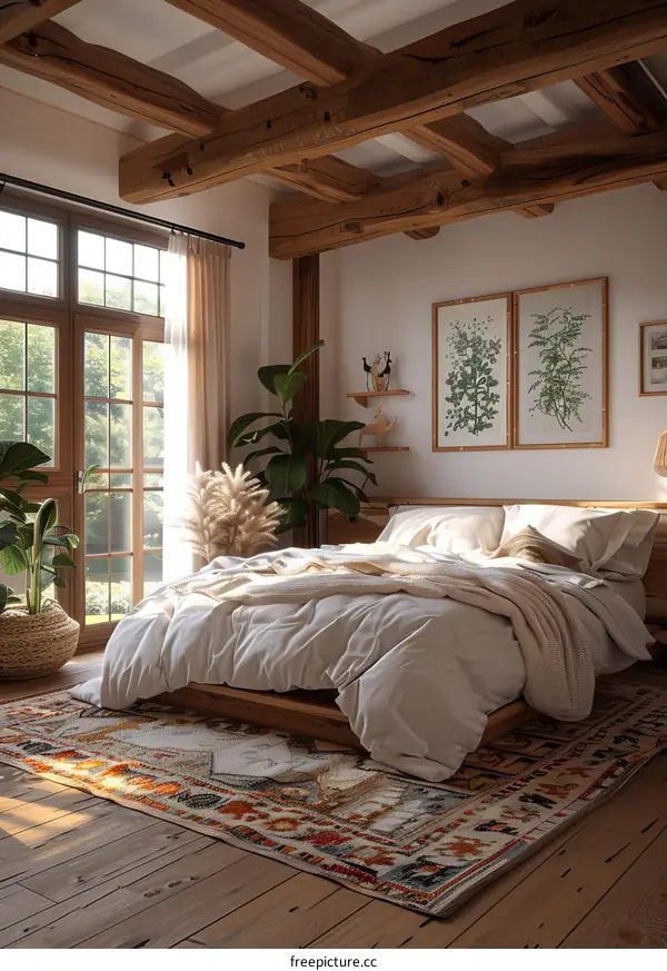 A bedroom with a large bed, a rug, and two pictures on the wall
