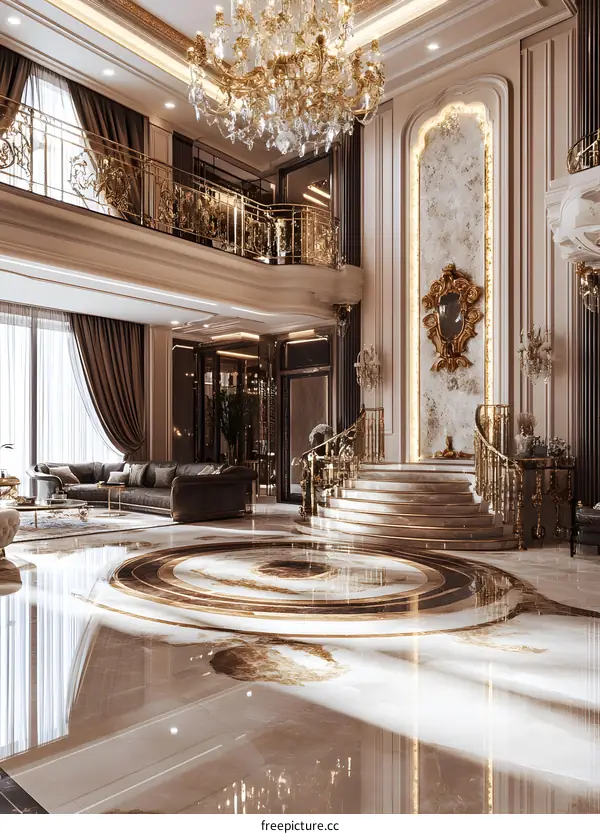 Luxury Interior Design With Golden Staircase and Chandelier