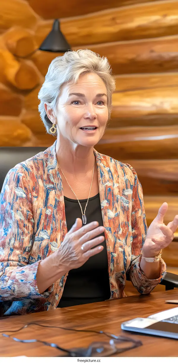 Woman Speaking in a Rustic Cabin Setting