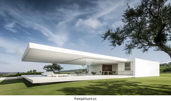 Modern White House with Glass Walls and Overhang Roof