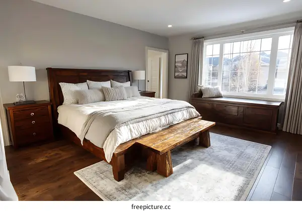 Master Bedroom with Large Window and Wooden Furniture