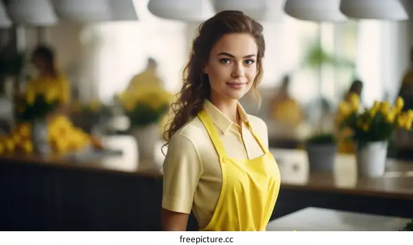 Portrait of a young woman wearing a yellow apron standing in a commercial kitchen