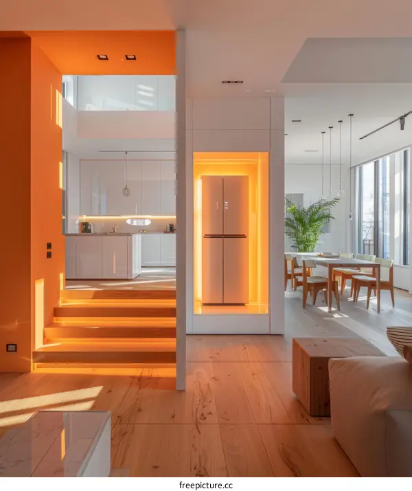 Modern Open Plan Living Room Kitchen and Dining Area with Orange Accents
