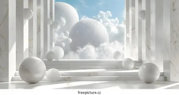 Surreal Floating Spheres in White Interior Space