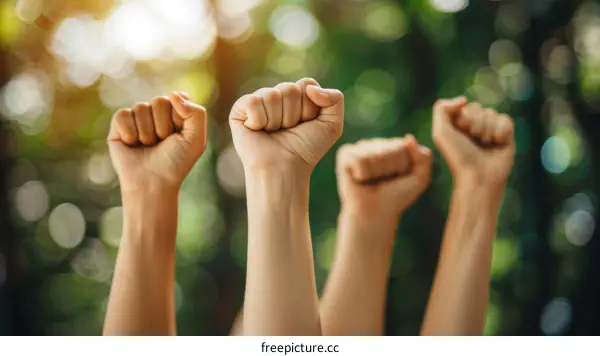 People raising their fists in the air in front of a blurred background of trees